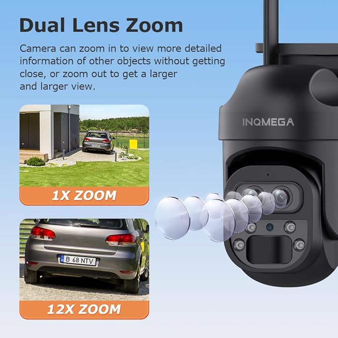 INQMEGA [ 12X Zoom ] 6MP Security Solar Cameras Outdoor, 2.4G WiFi Wireless Camera with PIR Motion Detection, Daul Lens, Color Night Vision, Spotlight Siren, No Subscription Required