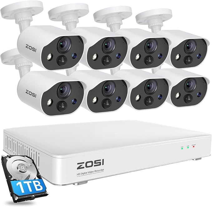 ZOSI 3K Lite Security Camera System with AI Human Vehicle Detection, 8Pcs 1920TVL 2MP Home CCTV Cameras Indoor Outdoor, Night Vision, One-Way Audio, H.265+ 8CH DVR with 1TB HDD for 24/7 Recording