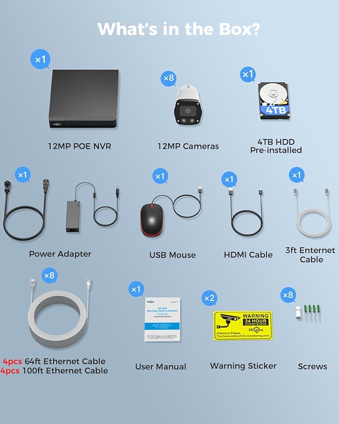 Hiseeu 12MP PoE Security Camera System, 8 Pcs 12MP Security Cameras, 121° Wide View, Person Vehicle Detect, 2-Way Audio, Soptlights Color Night Vision, 16 CH PoE NVR with 4TB HDD for Home Surveillance