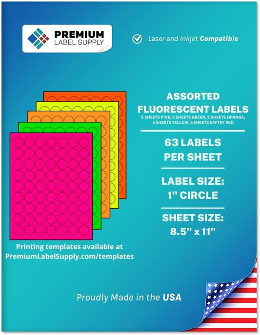 Premium Label Supply Bright Neon Color Fluorescent Sticker Labels - 1" Round Labels - (Assorted Fluorescent, 1,575 Labels)