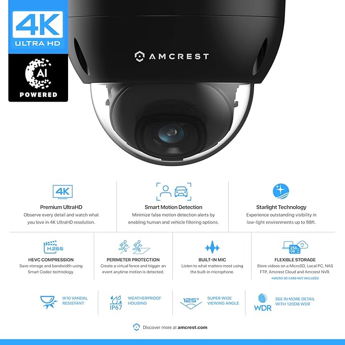 Amcrest 2-Pack UltraHD 4K (8MP) Dome POE IP Camera, 3840x2160, 98ft NightVision, 2.8mm Lens, IP67 Weatherproof, 125° FOV, 256GB MicroSD Recording Black (IP8M-2493EB-AI-V3)