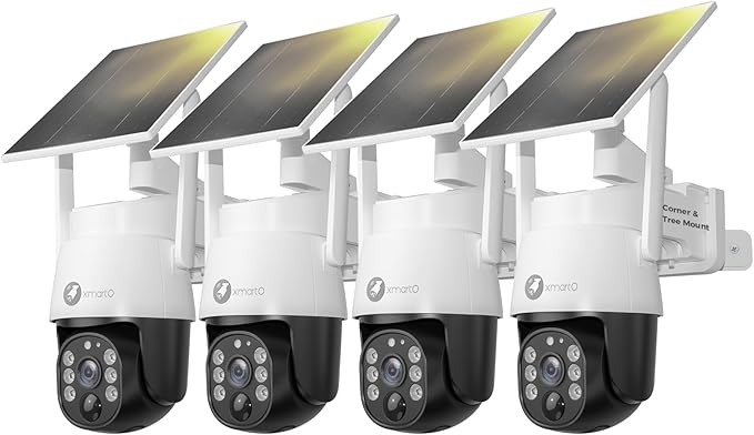 xmartO 4MP QHD Wireless PTZ Solar Security Camera Outdoor/Indoor for Homes, WiFi 6 5G Dual Band, Wire-Free Easy Installation, No Monthly Fee (Wall/Ceiling/Corner/Tree/Pole Mount, SDK4034 4-Pack)