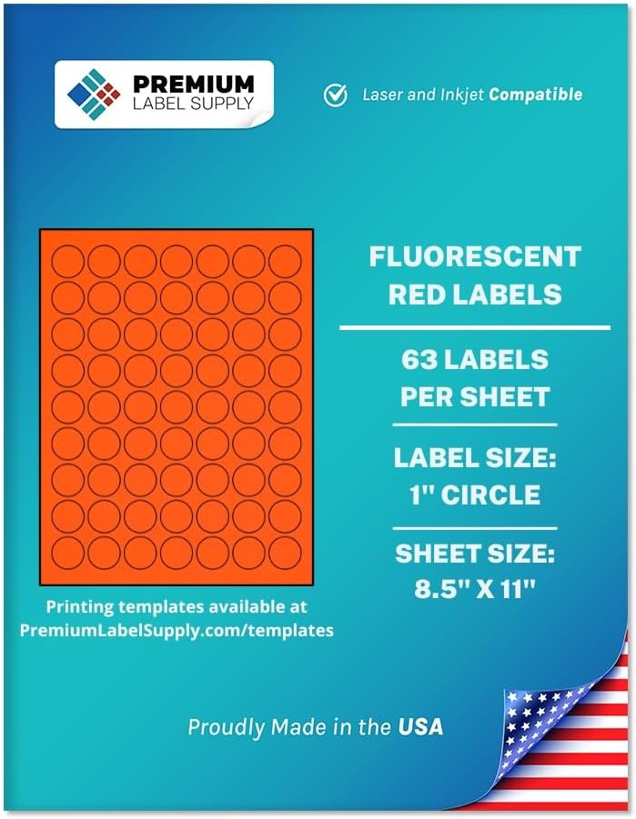Premium Label Supply Bright Neon Color Fluorescent Sticker Labels - 1" Round Labels - (Fluorescent Red, 63,000 Labels)