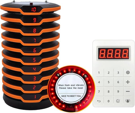 Restaurant Pager System, Long Range Social Distancing Pagers for Restaurants,10 Coaster Beepers with Vibration Flashing Buzzer, Queue Wireless Calling System for Food Truck Church Nursery Coffee Shop