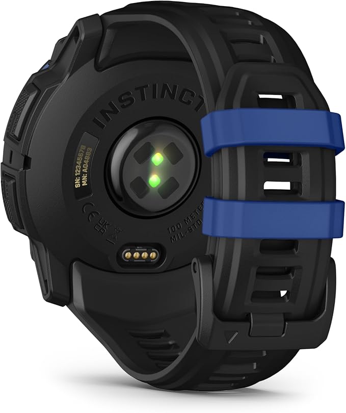 Garmin Instinct® 3 – 50 mm, AMOLED Display, Rugged Outdoor GPS Smartwatch, Built-in Flashlight, Supernova Collection Limited Edition Color, Black with Black/Bolt Blue Silicone Band