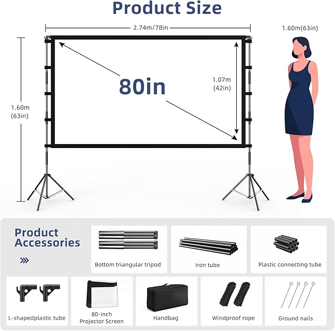 Projector Screen Outdoor, Vamvo Projector Screen with Stand Portable 80" Foldable ProjectorScreen, 10 Feet Indoor Movie-Screen with Carrying Bag for Home Theater Backyard Movie Night