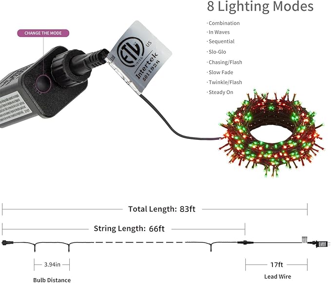 HOME LIGHTING 66ft Christmas Decorative Mini Lights, 200 LED Green Wire Fairy Starry String Lights Plug in, 8 Lighting Modes, for Indoor Outdoor Xmas Tree Wedding Party Decoration (Red & Green)