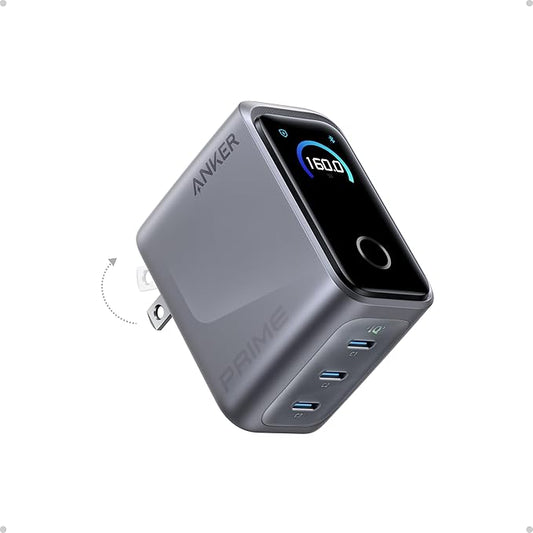 Anker Prime Charger, 160W 3-Port Compact USB C GaN Charger Block, Smart Display and Touch Control, 140W Max Charging via Any Single Port, for MacBook, Laptop, iPhone 17/16/15 Series, iPad(Non-Battery)