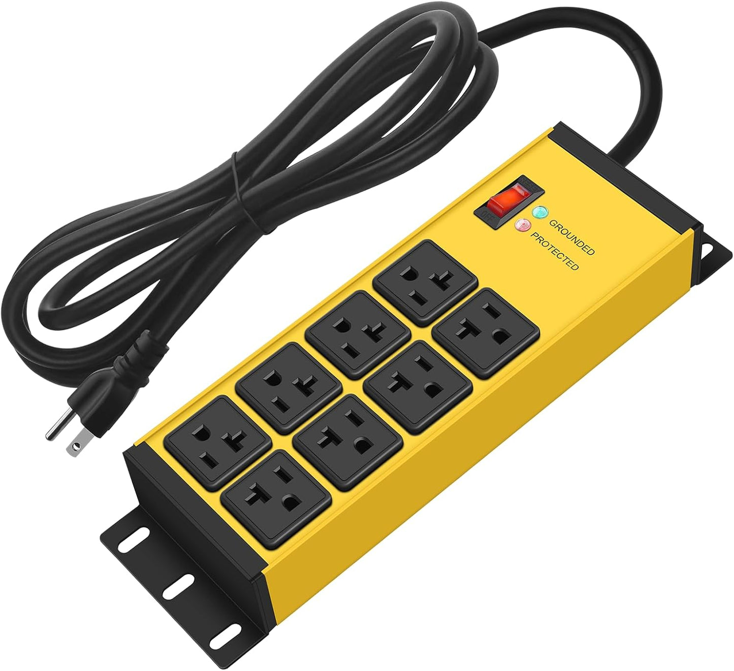 CCCEI Magnetic Heavy Duty Power Strip Surge Protector 20Amp, 12 Gauge High Amp Extension Outlets, Garage Wall Mount 8 Plug Metal Power Strip. 25FT, Yellow, 5-15P Adapter 6-20R T-Slot 20a for Appliance
