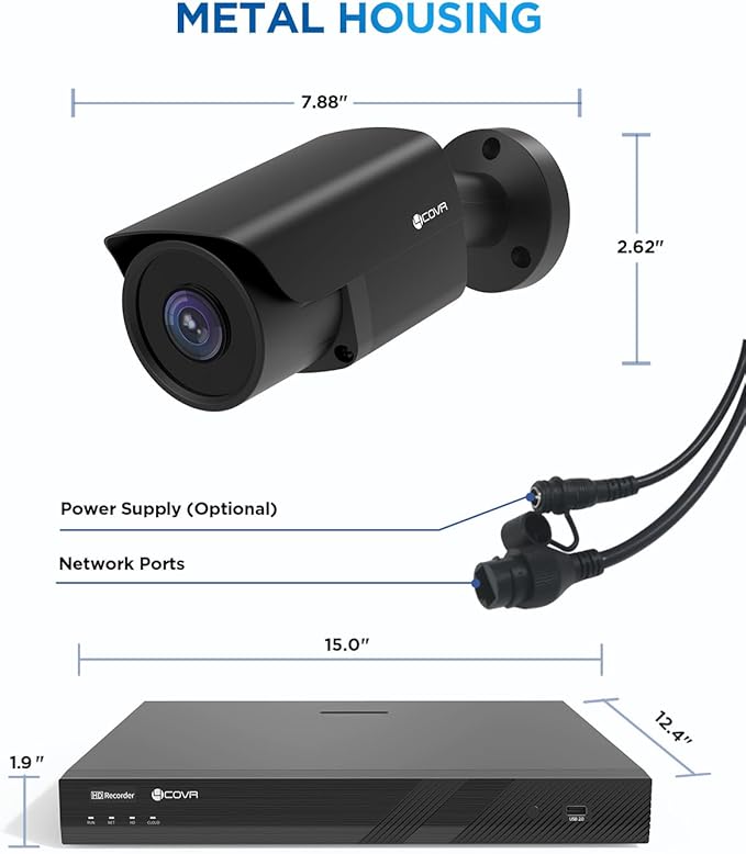 4COVR 16 Channel Security Camera System,AI Human/Vehicle Detection Night Vision, 16CH 8MP NVR 4TB HDD,12Pcs 5MP Wired Commercial Bullet PoE IP Camera IP67, Business Surveillance Outdoor, LY37EB5M1612