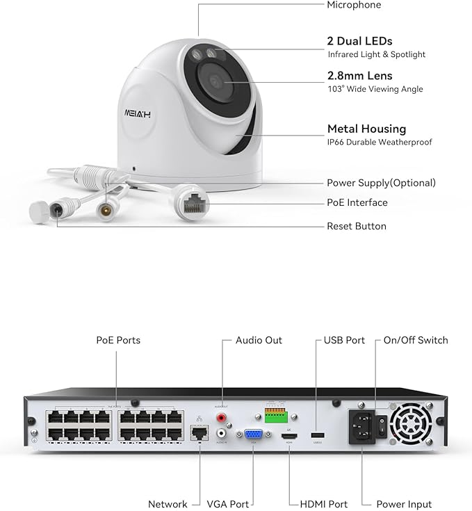 H.VIEW 16 Channel NVR PoE Security Camera System Wired, 8MP 4K 16CH Commercial NVR 4TB, Smart AI Color Night, 16x 8MP Outdoor Audio IP Cameras, 16x Network Cables, CCTV for Businesses Home