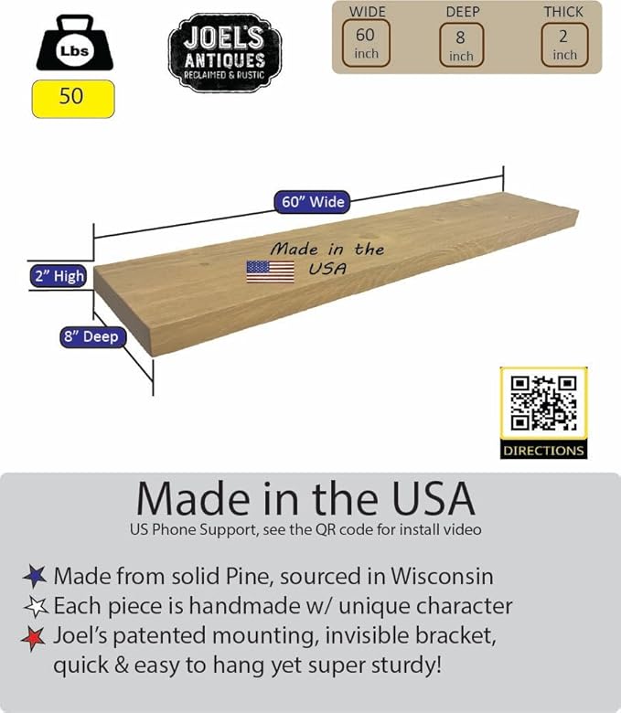 joelsantiques 60 Inch Wooden Floating Shelves for Wall - 60x8x2 in - Made of Natural Wood - Long Wall Shelves for Bedroom - Perfect for Living Room, Kitchen - Made in USA - Beige
