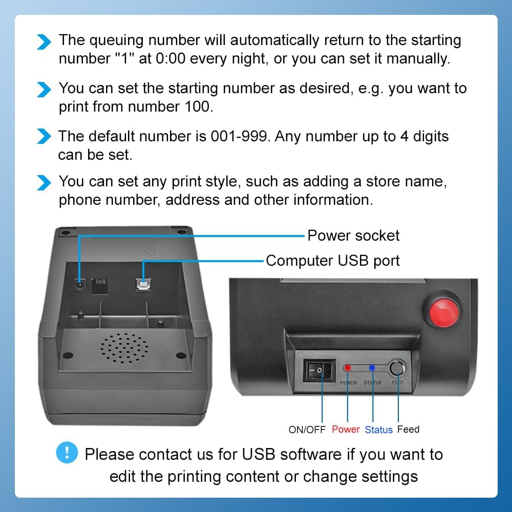 Take a Number System Queue Wireless Calling System with 1 Electronic Number Display 3 Next Call Button 1 Ticket Dispenser Printer 57mm Thermal Receipt Paper Roll 1 Remote Control for Counter Window