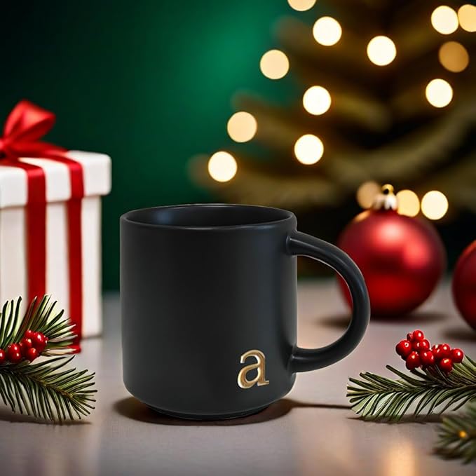 COLLECTIVE HOME - Black Monogram Ceramic Mugs, 15 oz Golden Initial Coffee Cups, Elegant Alphabet Tea Mugs, Personalized Halloween Mug with Gift Box, Perfect for Office and Home Décor (a)