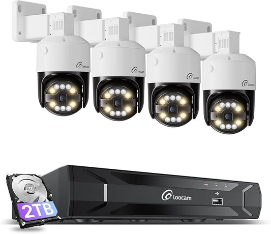 Loocam 4K PoE NVR Security Camera System, 4pcs Pan & Tilt Wired PoE IP Cameras Set for Indoor Outdoor, AI Person/Pet/Vehicle Detection, Color Night Vision, 4K 8CH NVR 2TB HDD Included, Plug & Play