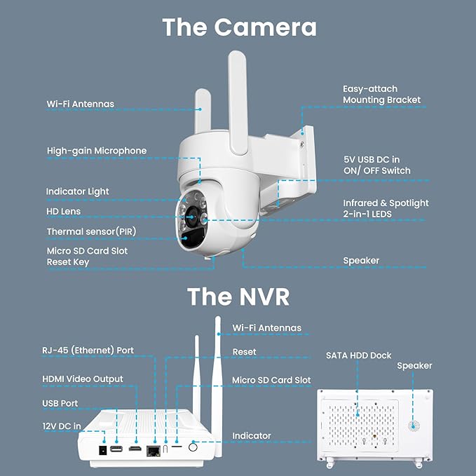 XMARTO QHD Wire-Free Solar Security Camera System Outdoor/Indoor Wireless, Pan Tilt Zoom, 4K Long Range WiFi 6 Surveillance DVR Kit, Long-Lasting Solar Battery Home CCTV 6-CAM Set w. 120-day Storage
