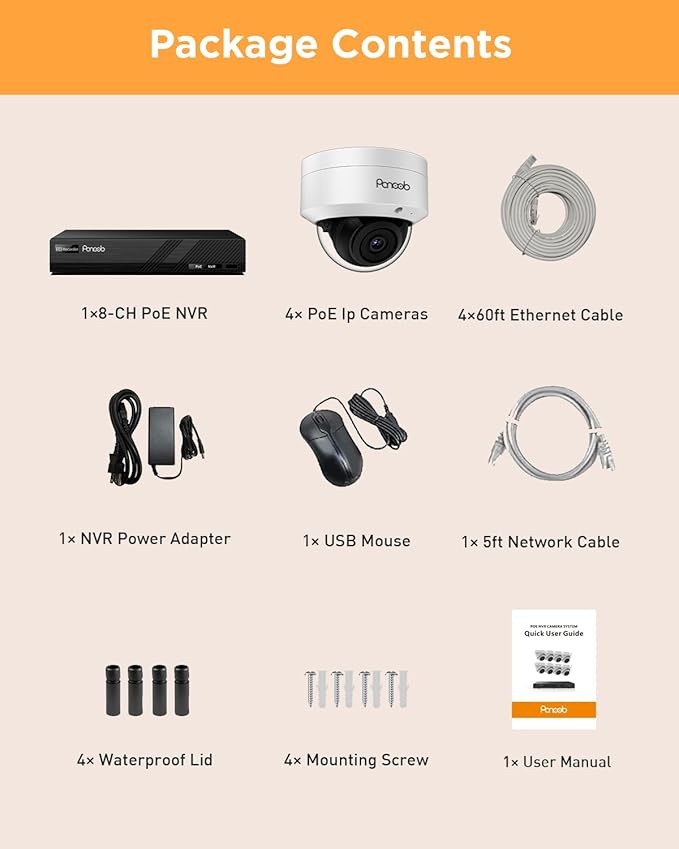 5MP PoE Security Camera System, 4X IK10 Vandal-Proof Dome IP Cameras Outdoor with Person Detection, Built-in Mic, 2.8mm Lens, 100ft IR Night Vision, 4K 8CH NVR with 2TB HDD, PD54A0408-5M2-1