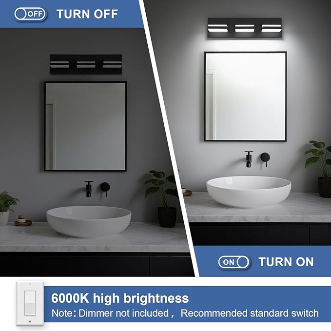 Modern LED Small Bathroom Lights Fixtures(3-Light),Metal Black Acrylic Wall Lighting,Vanity Lights for Bathroom Over Mirror(6000K 16in)