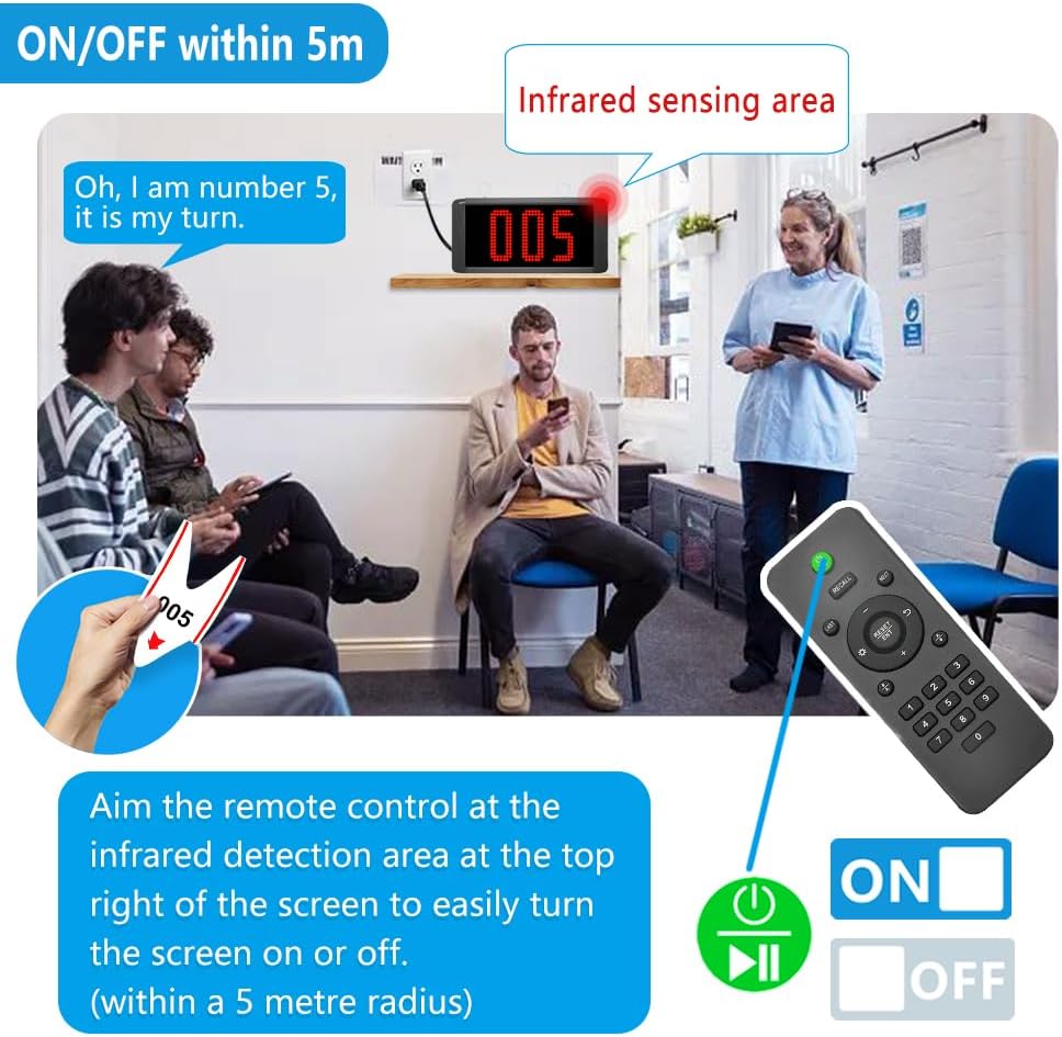 Take a Number System Queue Wireless Calling System with 1 Electronic Number Display 3 Next Call Button 1 Ticket Dispenser Printer 57mm Thermal Receipt Paper Roll 1 Remote Control for Counter Window