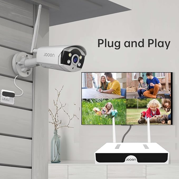 JOOAN 3MP Wireless Security Camera System Outdoor [H.265+ System & 2 Way Audio] 10CH NVR&4 WiFi Cameras for Home Surveillance IP67 Weatherproof Color Night Vision Motion/Human Detection&Alert