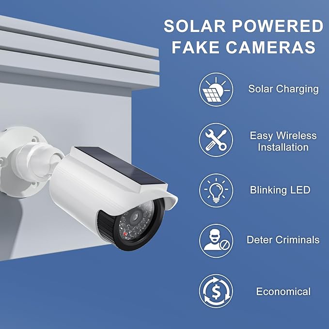 WALI Fake Dummy Camera, Solar Powered Fake Security Camera with LED Light, for Inside Outside Decoy Simulated Surveillance Security CCTV Dome Cameras with Warning Sticker (SOLTC-W4), 4 Packs, White