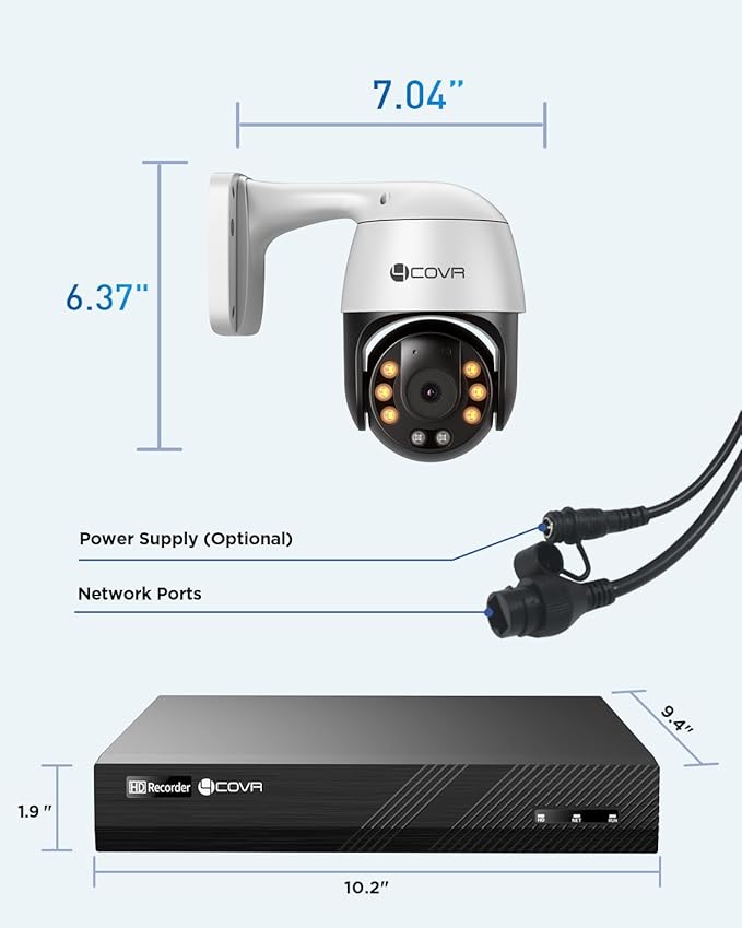 4COVR PoE PTZ Security Camera System, 350° Pan 90° Tilt 3X Digital Zoom, 4X 5MP PoE IP Camera, 8CH 4K NVR & 2TB HDD, AI Human Vehicle Detection, Smart Color Night Vision, Two Way Audio, LYM2XP5M0804