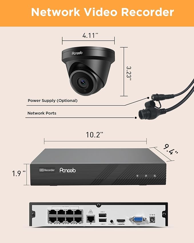 8 Channel Security Camera System PoE, 8X Wired IP Dome Turret PoE Camera for Indoor Outdoor, Remote Playback 24/7 Recording, Human Detection, Built-in Mic, 4K 8CH NVR 2TB HDD, PD93A30808-5M