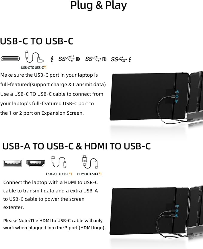 Laptop Screen Extender, 14" FHD 1080P IPS Dual Laptop Monitor Extender, Plug n Play Portable Travel Monitor for Laptops 13.3"-17" with HDMI/USB-A/Type-C, Compatible with Windows Mac Chrome Android