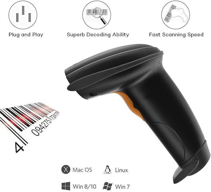 1D Wired Bar Code Scanners Readers for Computers PC, UNIDEEPLY USB Cable Laser Barcode Handheld, Hand Scanning Label UPC EAN Reader Gun Retails for Supermarket, Convenience Store, Warehouse, Black