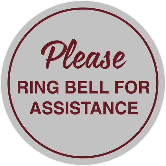 Signs ByLITA Circle Please Ring Bell For Assistance Wall or Door Sign | Easy Installation | Front Desk Reception Sign (Light Grey/Burgundy) - Medium (1 Pack)