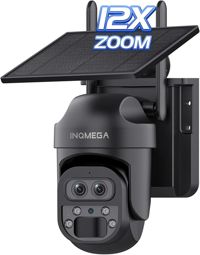 INQMEGA [ 12X Zoom ] 6MP Security Solar Cameras Outdoor, 2.4G WiFi Wireless Camera with PIR Motion Detection, Daul Lens, Color Night Vision, Spotlight Siren, No Subscription Required