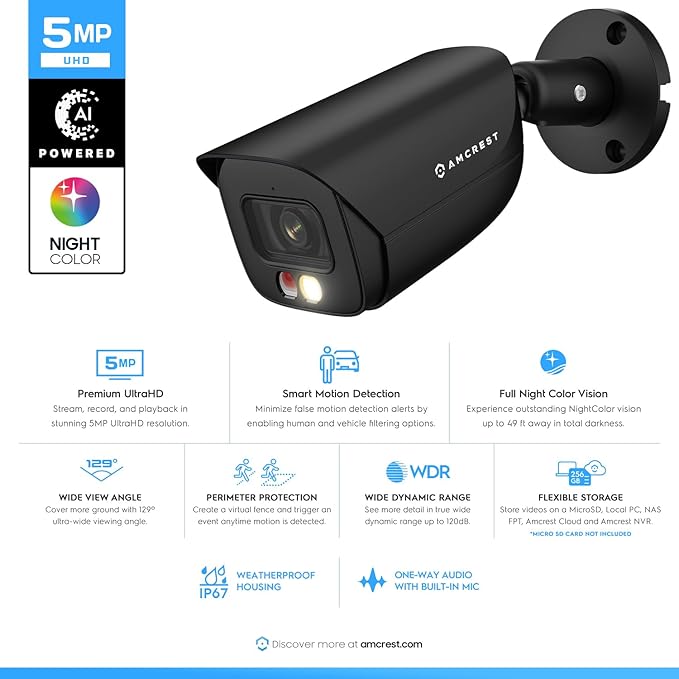 Amcrest 5MP IP PoE AI Camera w/ 49ft Color Night Vision, Security Outdoor Bullet Camera, Built-in Microphone, Human & Vehicle Detection, Active Deterrent, 129° FOV, 5MP@20fps IP5M-B1276EB-AI (Black)