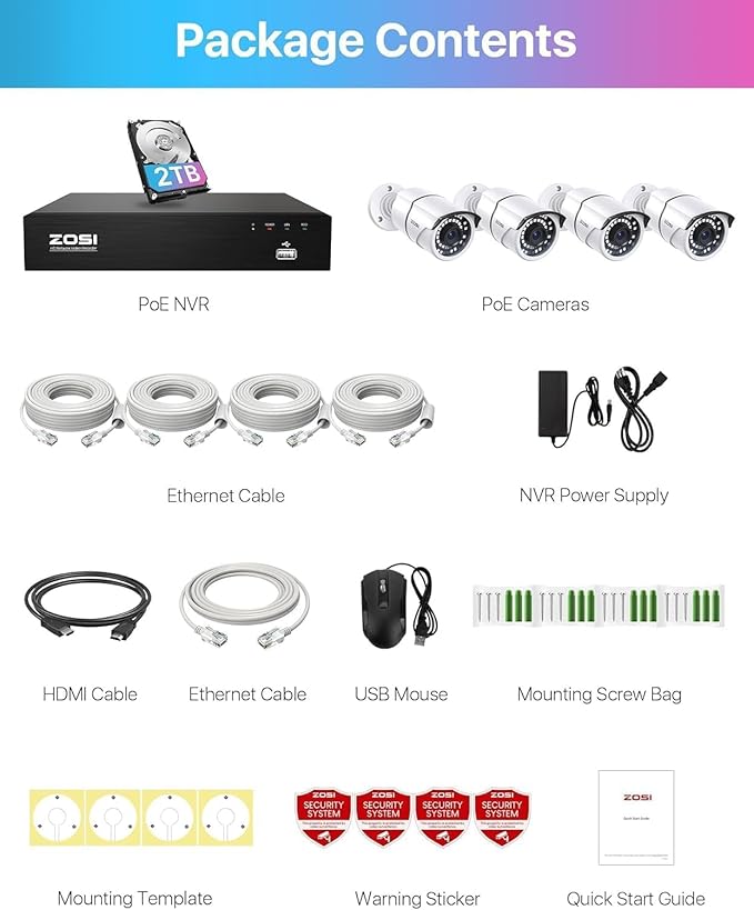 ZOSI 8CH 4K PoE Home Security Camera System, 8 Ports 16CH 8MP NVR with 2TB HDD, 4pcs 5MP Outdoor PoE Cameras, 120ft Night Vision