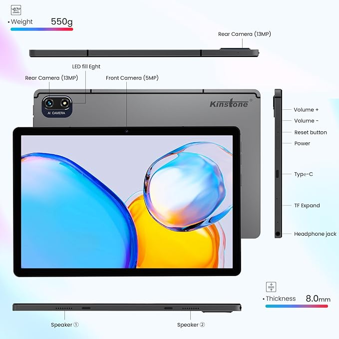 kinstone 10.1" Android Tablet - MTK8183 Octa-Core 2.0GHz Processor - 1920 x 1200 FHD Display - 8GB RAM + 256GB ROM - 13MP Dual Camera - 6000mAh Battery - WiFi and Bluetooth 5.0, Silver