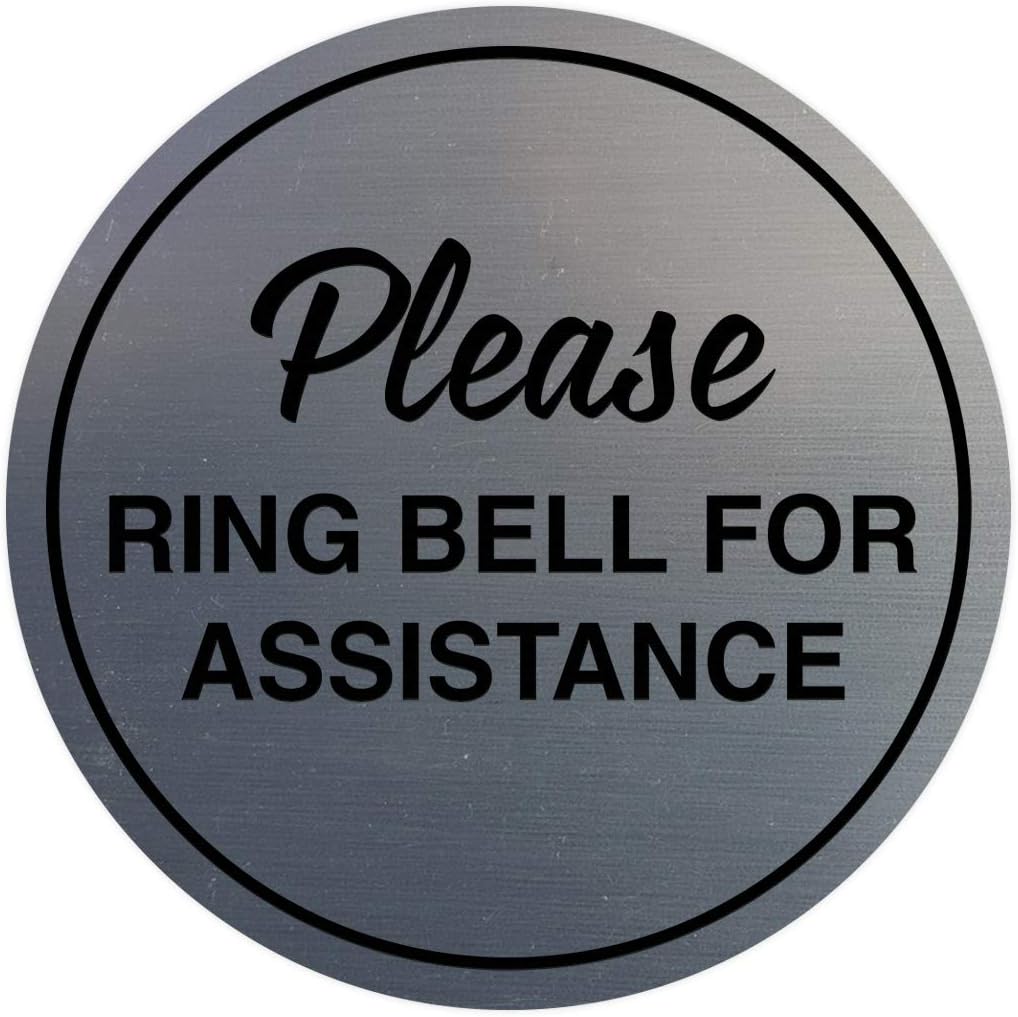Signs ByLITA Circle Please Ring Bell For Assistance Wall or Door Sign | Easy Installation | Front Desk Reception Sign (Brushed Silver) - Medium (2 Pack)