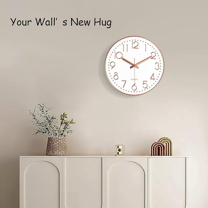 Wall Clock, Silent Wall Clocks Battery Operated 10 Inch- Modern Non Ticking Analog Clock with Large Numerals Tempered Glass Clocks for Bedroom, Living Room, Kitchen, Office Decor, Rose Gold