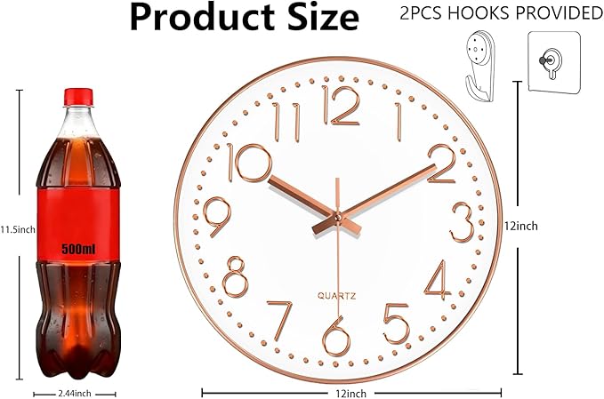 Modern Silent Wall Clock - 12 Inch Wall Clocks Battery Operated Large Number, Non-Ticking Analog Clock with Tempered Glass Quartz Clocks for Living Room Bedroom Office Kitchen, Rose Gold