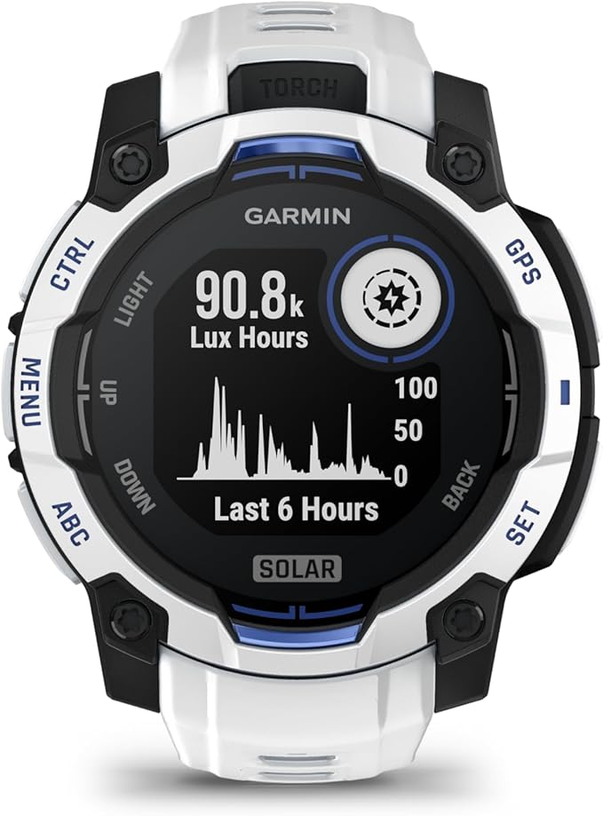 Garmin Instinct® 3 – 45 mm, Solar, Rugged Outdoor GPS Smartwatch, Built-in Flashlight, Supernova Collection Limited Edition Color, Whitestone with Whitestone/Bolt Blue Silicone Band