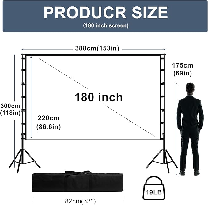 180 inch Projector Screen with Stand,HUANYINGBJB Outside Projection Screen, Portable 16:9 4K HD Rear Front Movie Screen with Carry Bag for Theater Backyard Movie Night,Cinema School, Churches,Parties