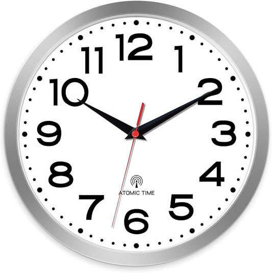 Atomic Wall Clock 10 Inch, Modern Clock Battery Operated Classic Analog Decorative for Kitchen, Living Room, Office, Bedroom, Bathroom (Silver)