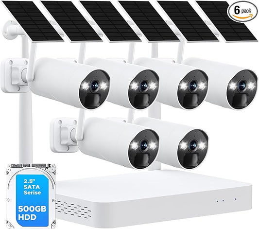 CAMCAMP 4MP Solar Camera Wireless Outdoor, 6 Cam-Kit, Security Cameras System Wireless, 2.4G& 5G WiFi, Color Night Vision, 10CH NVR 500GB HDD Local Recording, No Subscription, IP66, CCTV Surveillance