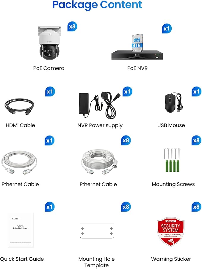 ZOSI C290 4K 16CH POE Security Camera System for 24/7 Recording, 8 x 8MP Wired PoE IP Cameras Outdoor, 360 View, AI Human/Vehicle/Face Detection, Two-Way Talk, Siren Alarm, Auto Tracking, 4TB HDD