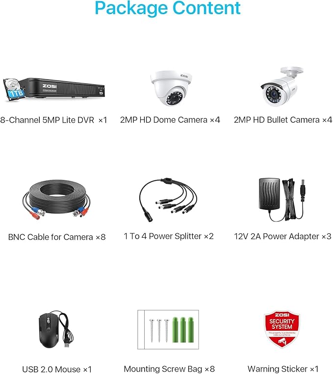 ZOSI 3K Lite Home Security Camera System with AI Human Vehicle Detection, H.265+ 8CH CCTV DVR and 8 x 1080p Wired Outdoor Indoor Bullet Dome Cameras, Remote Access, Alert Push (1TB Hard Drive)
