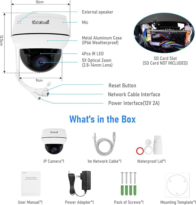 JideTech 10X Hybrid Zoom Outdoor 4K PTZ PoE IP Dome Camera, Auto Tracking, Pan Tilt Security Camera with IR Night Vision, Human/Vehicle Detection, Two Way Talk, SD Card Slot,IP66, for Onvif NVR