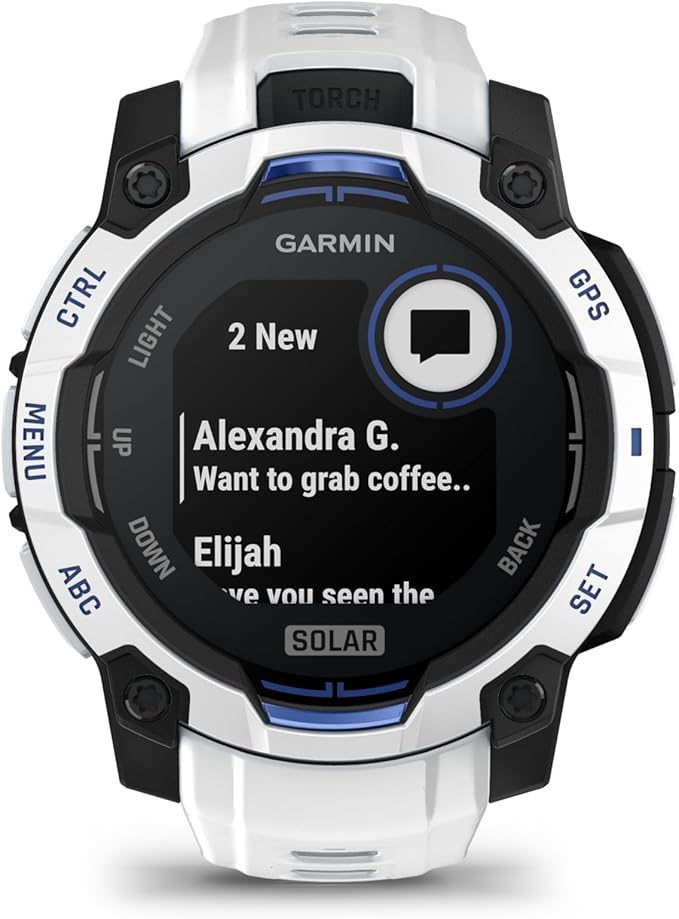 Garmin Instinct® 3 – 45 mm, Solar, Rugged Outdoor GPS Smartwatch, Built-in Flashlight, Supernova Collection Limited Edition Color, Whitestone with Whitestone/Bolt Blue Silicone Band