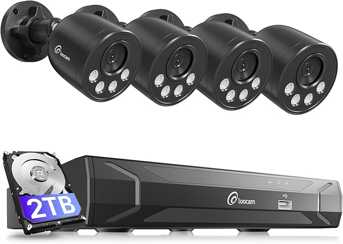 Loocam 4K Security Camera System 8CH H.265+NVR with 2TB HDD, 4pcs 8MP Wired PoE Camera System AI Human Vehicle Detection, Outdoor Indoor Home Camera System with Audio, Night Vision, 24/7 Recording
