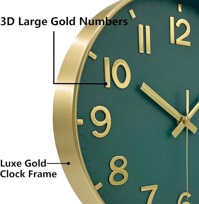 Wall Clock, 8 Inch Wall Clocks Battery Operated, Modern Non Ticking Silent Digital Analog Small Wall Clock for Bedroom Living Room Kitchen Office Gym Classroom Outdoor Clocks, Gold Green