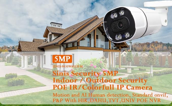 Sinis 5mp Security IP Camera, Human & Motion Detection,100Ft Dual Light Night Vision, Wired Only Work with NVR, IP67, 2.8mm Lens, Build in Mic, Surveillance Outdoor Indoor PoE Bullet Camera
