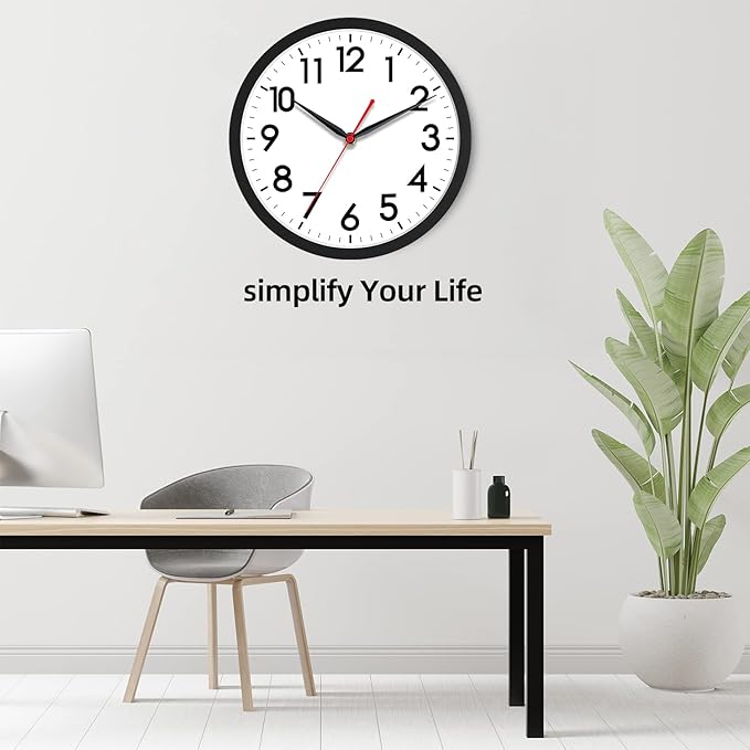AKCISOT Wall Clock 10 Inch Silent Non-Ticking Modern Clocks Battery Operated - Analog Small Classic for Office, Home, Bathroom, Kitchen, Bedroom, School, Living Room(Black)