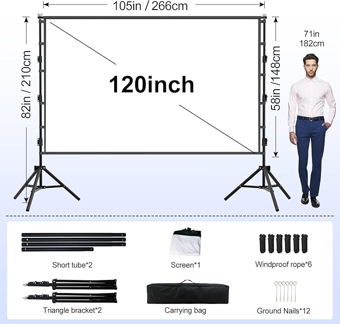 120 inch Projector Screen with Stand,HUANYINGBJB Indoor Projection Screen, Portable 16:9 4K HD Rear Front Movie Screen with Carry Bag for Theater Backyard Movie Night,Cinema School, Churches